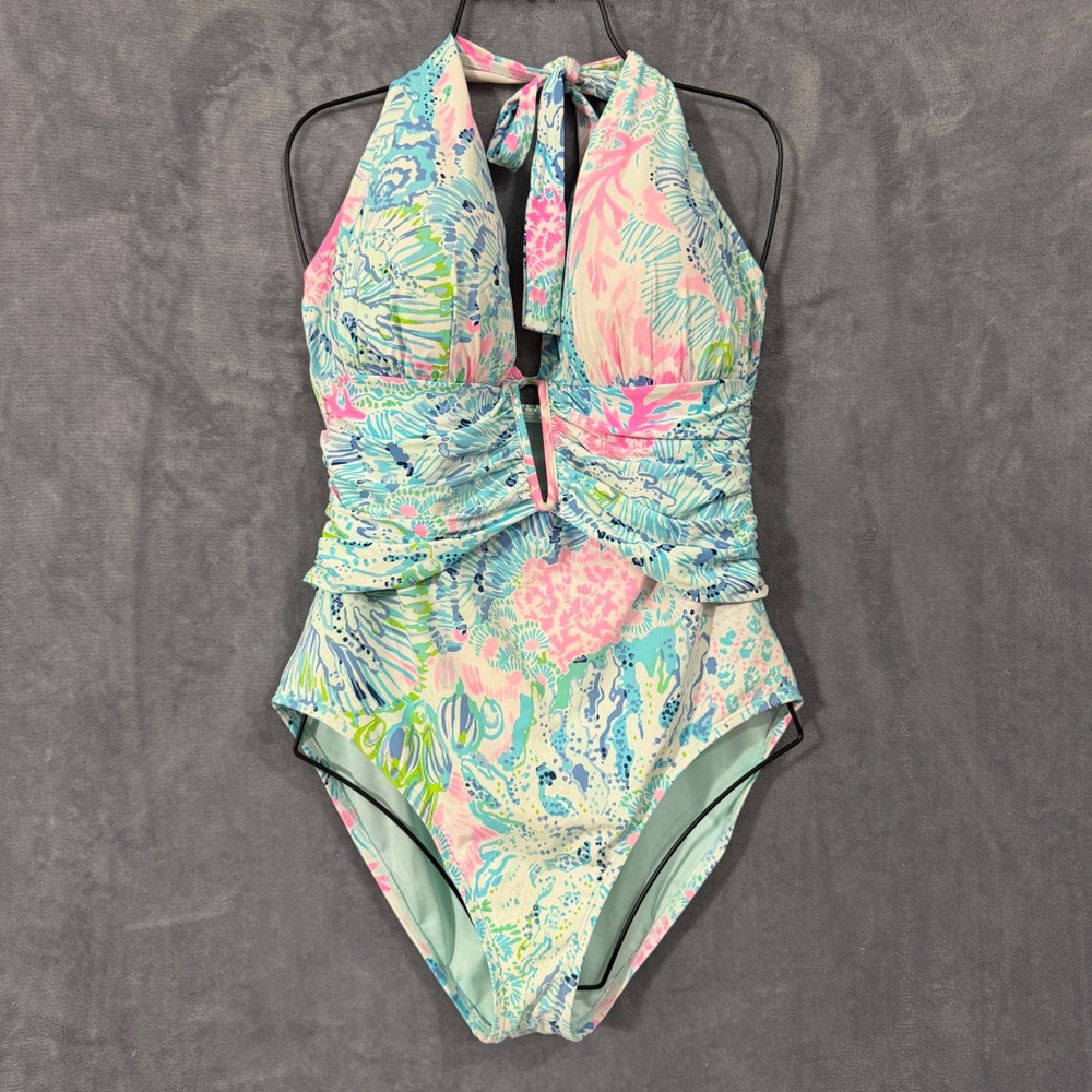Lilly Pulitzer One Piece Swimsuit Women 14 Blue Pink Floral Halter Ruched Isle